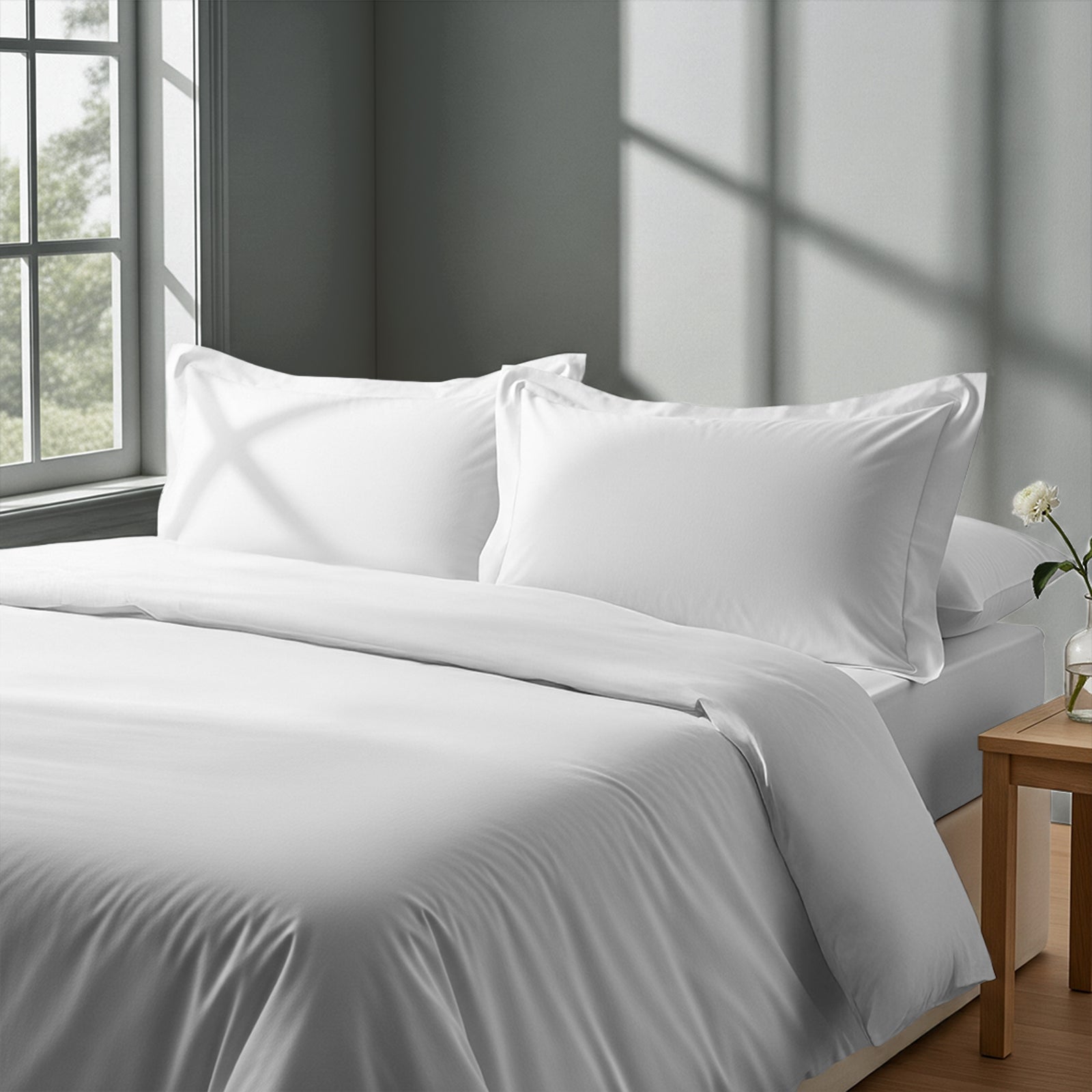 Calm luxurious bedroom bed with White Pizuna Linens cotton duvet cover single size